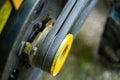 Walk-behind tractor pulley with two belts close-up. Tractor for agriculture, agricultural machinery Royalty Free Stock Photo