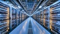 Walk through a bustling data center filled with rows of gleaming servers, where technology and innovation converge in a sleek