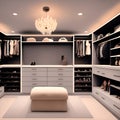 A walk in closet with a bench and a chandelier Royalty Free Stock Photo