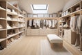 A walk-in closet with custom shelving, shoe racks, and a vanity area for getting ready in style.