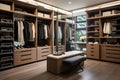 A walk-in closet with custom shelving, shoe racks, and a vanity area for getting ready in style.