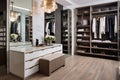 A walk-in closet with custom shelving, shoe racks, and a vanity area for getting ready in style.