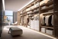 Walk in closet interior design, white walk in wardrobe in modern luxury and minimal style. generative ai