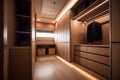 Walk in closet with luxury warm wooden wardrobe, drawer and empty storage decorated with beautiful lighting, modern and minimal