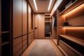 Walk in closet with luxury warm wooden wardrobe, drawer and empty storage decorated with beautiful lighting, modern and minimal