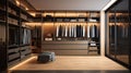 Walk in closet with luxury warm wooden wardrobe, drawer and stool with beautiful lighting, modern and minimal style dressing room