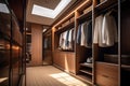 Walk in closet with luxury warm wooden wardrobe and drawer storage decorated with beautiful lighting, modern and minimal style