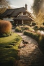 A Walk Through the Countryside: Thatched House, Sunlit Path, and Duck Pond