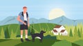 Walk with dog, cartoon happy owner man walking with domestic animal companion, pet dog friend