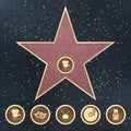 Walk of fame star granite sign on sidewalk with Hollywood Film Academy categories vector icons