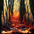 Walk of fire, forest fire drawn, ai generated image