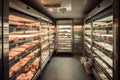 walk-in freezer filled with packages of meat and fish, ready for storage