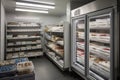 walk-in freezer filled with various frozen foods and ingredients