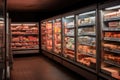 walk-in freezer packed with various kinds of frozen foods, including meats and fish