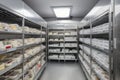 walk-in freezer with shelves of frozen foods in variety of shapes and sizes Royalty Free Stock Photo