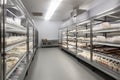 walk-in freezer with shelves of frozen foods in variety of shapes and sizes Royalty Free Stock Photo