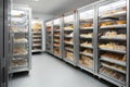 walk-in freezer with shelves of frozen foods in variety of shapes and sizes Royalty Free Stock Photo