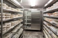 walk-in freezer with shelves stacked full of frozen foods and ice cream Royalty Free Stock Photo