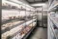 walk-in freezer with shelves stacked full of frozen foods and ice cream Royalty Free Stock Photo