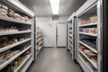 walk-in freezer with shelves stocked with frozen foods and drinks Royalty Free Stock Photo