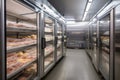 walk-in freezer with variety of frozen foods, including meats and vegetables