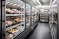 walk-in freezer with variety of frozen foods, including meats and vegetables