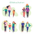 Walk in fresh air. Vector stylized illustration of active young family. Healthy lifestyle.People in the park vector flat illustrat