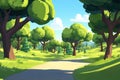 Walk Through the Green Forest Path with Sunlit Glades and Cartoon Style Royalty Free Stock Photo
