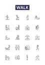 Walk line vector icons and signs. trek, march, stride, wander, pacing, ambulate, hike, roam outline vector illustration