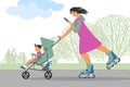 A walk in the Park. A mother on roller skates walks with a child in a stroller. Mom looks at her phone. mother and baby in a