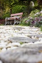 Walk path in garden to art bench decorated with stumps and stone Royalty Free Stock Photo