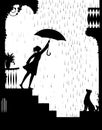 Walk in rain, Girl opens the umbrella and go for a walk and gog waiting for her, my friend dog, black and white, shadow,