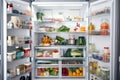 walk-in refrigerator or freezer filled with various food items, including fruits, vegetables, and meats