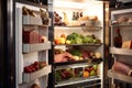 walk-in refrigerator or freezer filled with various food items, including fruits, vegetables, and meats