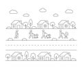 Walk resident people in neighborhood small houses in small city on street, line art. Neighbor on street, residential