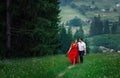 Walk of the stylish elegant hugging loving couple along the path in the blooming meadow in the green mountains. Royalty Free Stock Photo