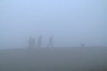 Silhouettes of people and dog walking in thick fog