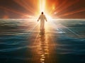 Walk on Water, Jesus Christ walking on the Sea of ??Galilee with rays of light, resurrection concept