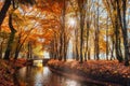 Walk way bridge over river with colorful trees in autumn time Royalty Free Stock Photo