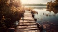 A walk way wooden pier bridge in the side lake for crossing or fishing nature view in the evening