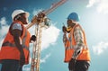 Walkie talkie, crane and engineering team at construction site for building project and teamwork. Black woman and man Royalty Free Stock Photo