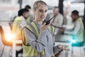 Walkie talkie, engineering overlay and woman in office for construction, infrastructure and maintenance. Architecture