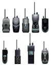 Walkie talkie icons for industrial use. Portable radio transceivers. Travel black portable mobile devices. Vector