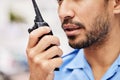 Walkie talkie, man and security guard for police service, backup support and safety. Closeup mouth of legal officer