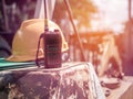 Walkie talkie, Safety helmet radio communicate placed on concrete after engineers construction finish working Royalty Free Stock Photo