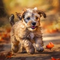 Happy smiling dog, running along a woodland path on a sunny day in autumn with golden leaves