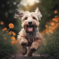 Happy smiling dog, running on through a field of grasses and wildflowers on a sunny Spring day