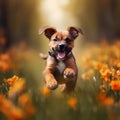 Happy smiling dog, running on through a field of grasses and wildflowers on a sunny Spring day