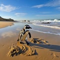 Walking African penguin (spheniscus demersus) with footprint on the wet sand.