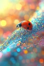 Walking along a glowing thread, a beetle is situated in a web of sparkling lights Royalty Free Stock Photo